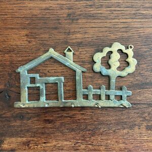 Vintage Brass House Tree Picket Fence Wall Mount Key Holder Rack 5 Hooks Taiwan